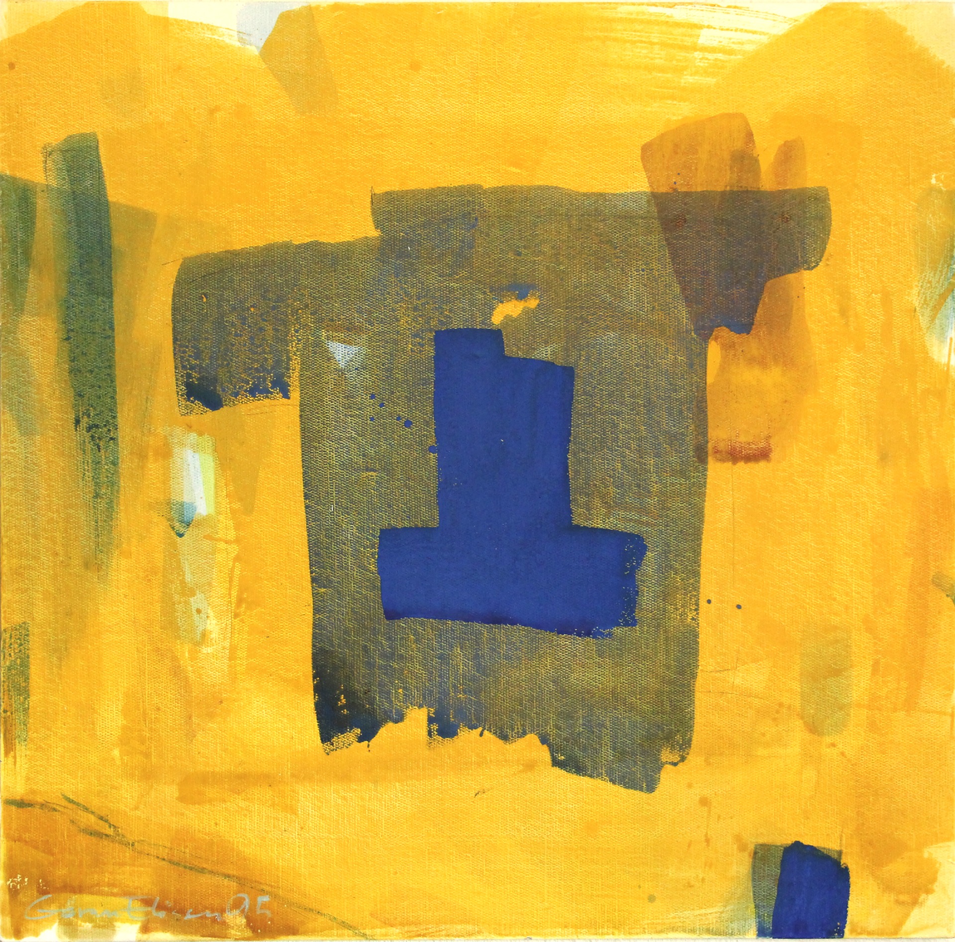 Blått på gult. Bivaxakvarell på glasfiberarmerad pannå, 99x100 cm